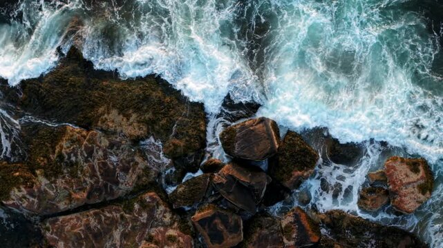 Powerful and foamy Atlantic Ocean waves breaking pound rugged coastal rocks in a dramatic overhead aerial top view, Gloucester, Massachusetts, US