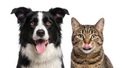 Fototapeta premium Border collie dog and tabby cat sitting together against a clean and bright white background