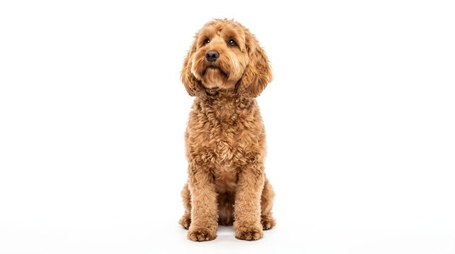 Fluffy golden brown cockapoo dog sitting patiently while looking up against a clean white background