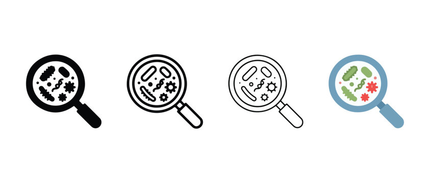  magnifying glass icons with different colored bacteria and germs inside lenses on white background  microbiology and health concept