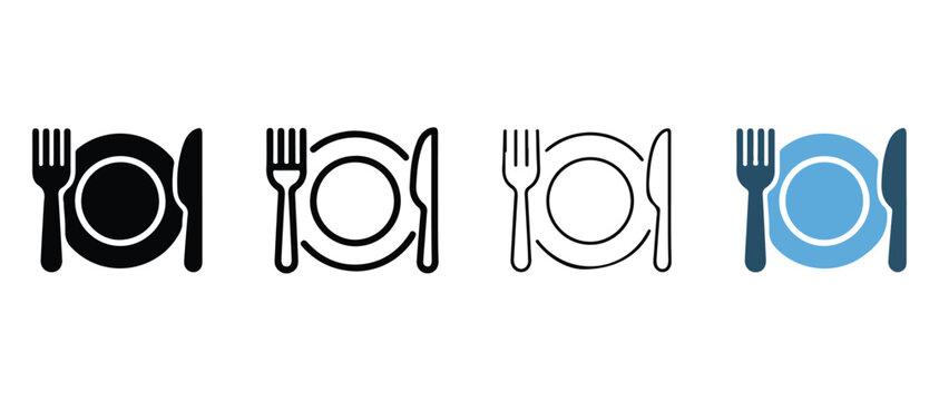 Set of four table setting icons with plate fork and knife on white background  various colors and styles