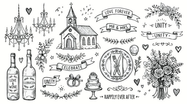 Vintage_hand-drawn_wedding_elements, Objects like bride and groom, champagne glass, cake, candles perfect for wedding invitation card design. See Less.eps