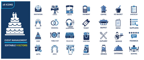 Naklejka premium Event management and wedding planning solid icon set. Featuring invitation camera payment coffee checklist rings ticket buffet menu cake and catering. Professional vector graphics for organizers.