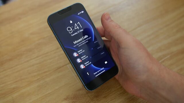 Missed calls from Solicitor are displayed on a smartphone lock screen as a hand prepares to unlock the device. Close-up legal communication concept highlighting urgent matters, professional contact, a