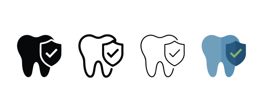 Tooth icons with shield and checkmark for dental health and protection concepts  dental care and security symbols