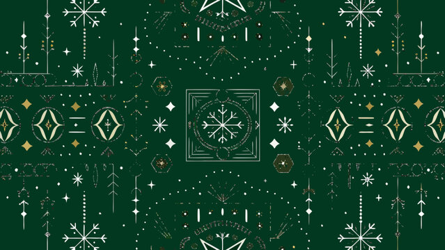 Geometric floral ornament pattern on dark green background