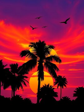 Palm tree silhouette against vibrant sunset sky with birds in flight, vector illustration for fashion wall art print, birds, || Palm trees