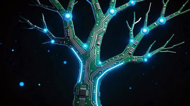 Circuit board tree with glowing nodes