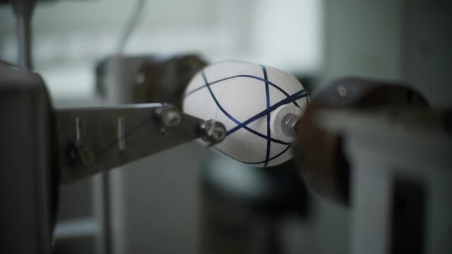 Close up view of an industrial filament winding machine precisely wrapping dark carbon fiber strands around a white oval mandrel to mold a composite structure.