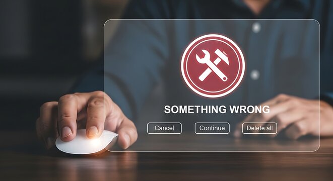 Man interacting with error message on computer screen
