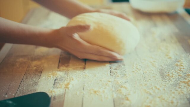 Close-up of baker hands rounding and shaping fresh yeast dough into a smooth ball. Professional dough preparation for cinnamon rolls recipe on a floured wooden table background, 4k.