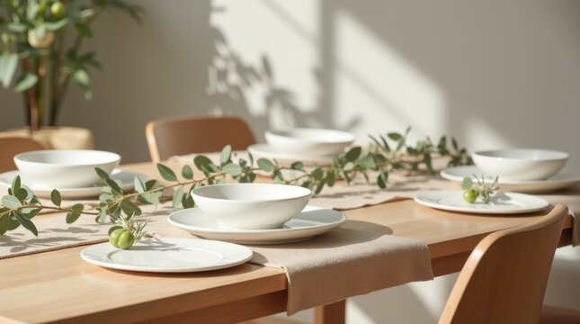 Mesa de comedor de roble natural con platos de cer&aacute;mica blanca y camino de mesa de lino tejido