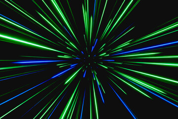 Fototapeta premium A dynamic abstract graphic of glowing green and blue light rays radiating outward from a central point against a dark backdrop, creating a high-energy visual effect.