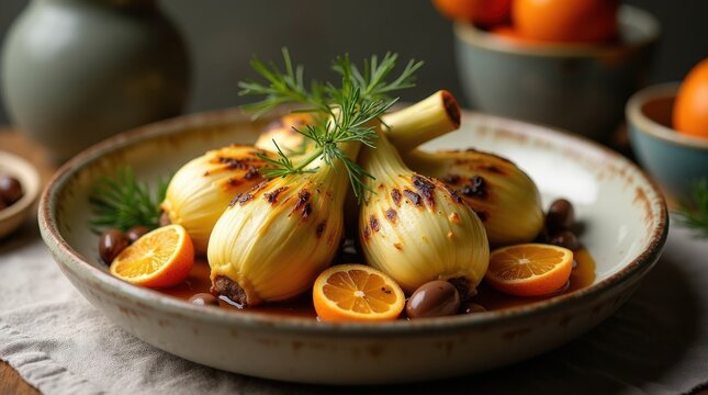 Bulbos de hinojo asados ​​con rodajas de c&iacute;tricos, aceitunas y eneldo fresco sobre una pieza de gres artesanal
