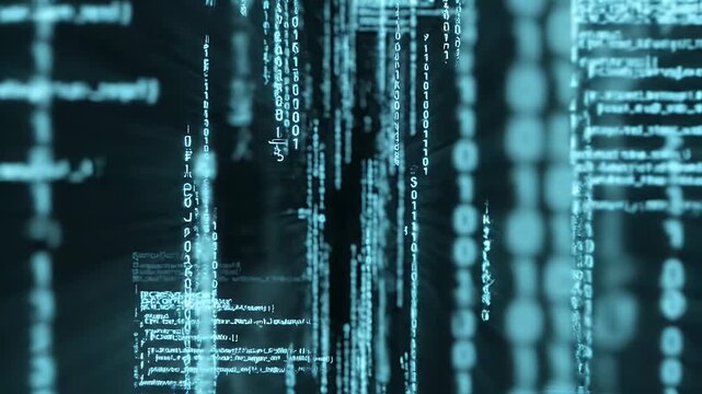 Digital code streams in the darkness, representing data transfer and technology.