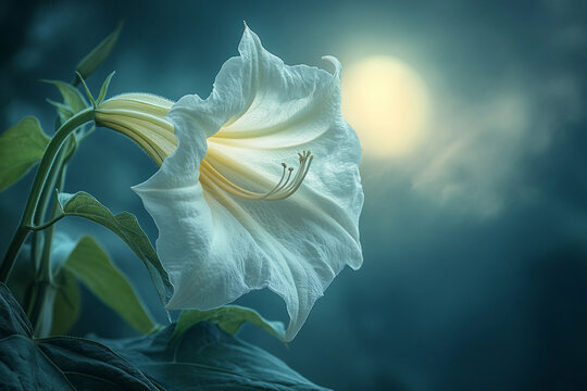Generative AI illustration of magical forest filled with night blooming flowers like moonflower eveningprimrose and nightphlox glowing in moonlight