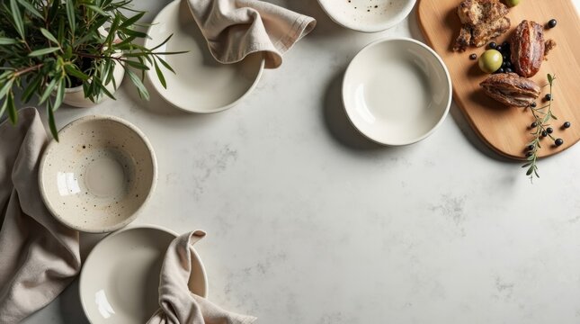 Vista cenital de una mesa r&uacute;stica de piedra caliza decorada con platos de cer&aacute;mica vac&iacute;os y servilletas de lino