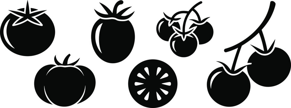 Stylized tomato silhouette vector illustration set featuring whole, sliced, and clustered tomatoes for food, agriculture, and creative design projects