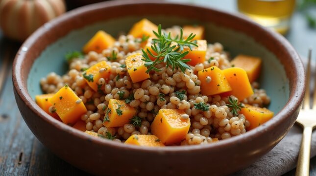 Ensalada tibia de grano de Freekeh con calabaza asada, hierbas y semillas de calabaza tostadas