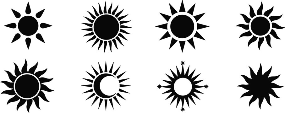 Sun symbol silhouette collection featuring stylized rays, crescent moon combination, star accents, and curved designs symbolizing energy, light, warmth, and celestial concepts