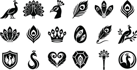 Black and white peacock feather and bird icons set © Sabbir