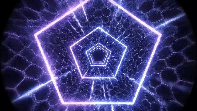 A futuristic neon pentagonal tunnel with a shimmering hexagonal pattern.