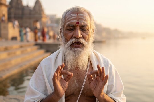 Elderly Hindu Priest Chanting &ndash; Vedic Mantra Sunrise Portrait