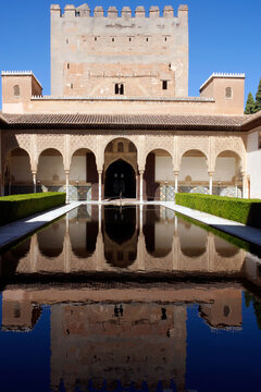 Granada (Spain). Patio de los Arrayanes of the Palace of Comares inside the Nasrid Palaces of the Alhambra