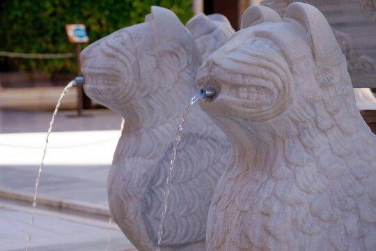 Granada (Spain). Detail of one of the marble lions the Fuente de los Leones inside the Patio de los Leones of the Nasrid Palaces of the Alhambra in Granada