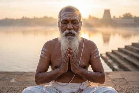 Elderly Hindu Priest Chanting &ndash; Vedic Mantra Sunrise Portrait