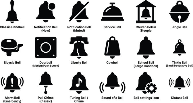 Various types of classic bells icon set