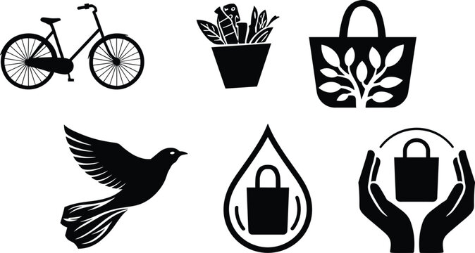 Eco icons, sustainability symbols, security graphics, nature silhouettes, green lifestyle, environmental protection, safe design, eco friendly, lock symbol, conservation art