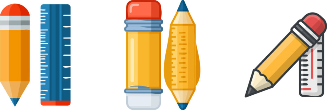 A minimalist flat design illustration of a pencil with an orange body and red eraser tip, alongside a blue ruler with white markings, set against a white background
