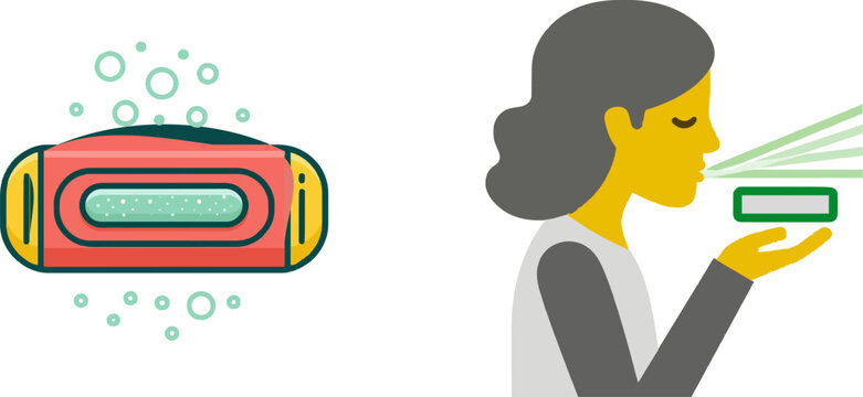 A vibrant flat vector icon depicts a strip of mint chewing gum refreshing bad breath after a meal, with bright colors and clean lines against a pure white background