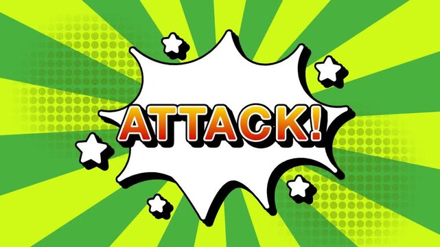 Attack text word lettering popup comic cartoon reveal with bomb and smoke explosion manga anime book page dots with radial speed lines doodle green background with seamless loop animation retro