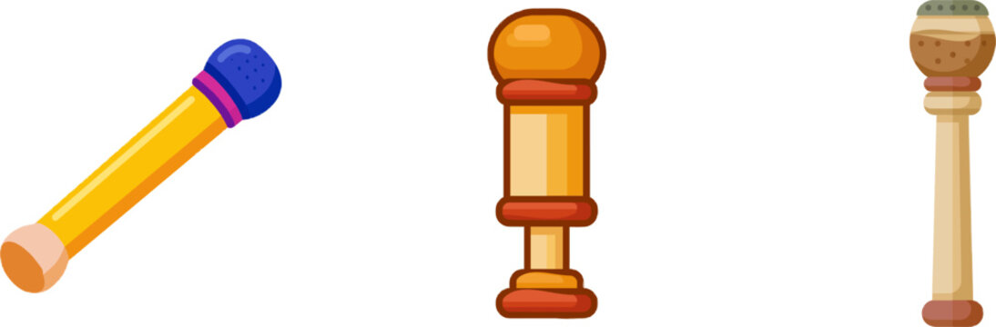 A vibrant flat vector icon of a wooden cocktail muddler for crushing fruit and herbs, featuring bright colors and modern UI style, is isolated on a clean white background