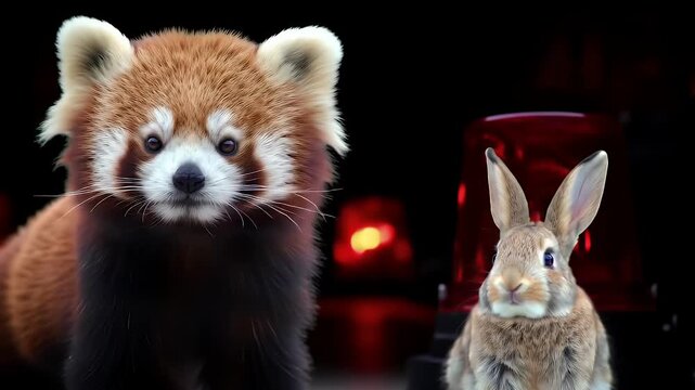 A red panda and a rabbit sit near a red flashing light.