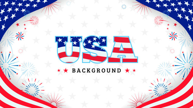 USA Background Vector illustration. American flag and fireworks frame on white star pattern background