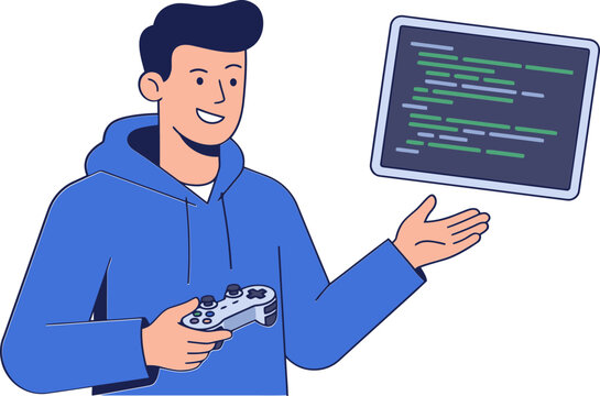Software developer character with game controller and code screen. Programmer creating video game vector. Flat illustration of coder.