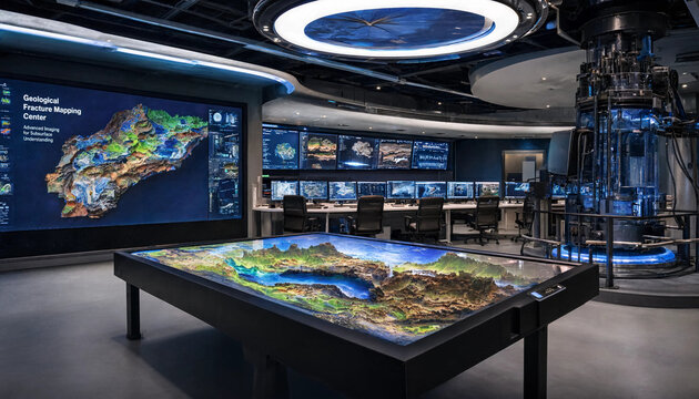 Geological fracture mapping center with a large digital interactive table showing a3d landscape map and wall screens with data analysis