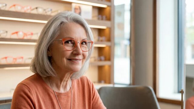 Senior woman trying on new glasses at optical shop. Smiling elderly female patient choosing eyewear frames. Vision care and fashion concept