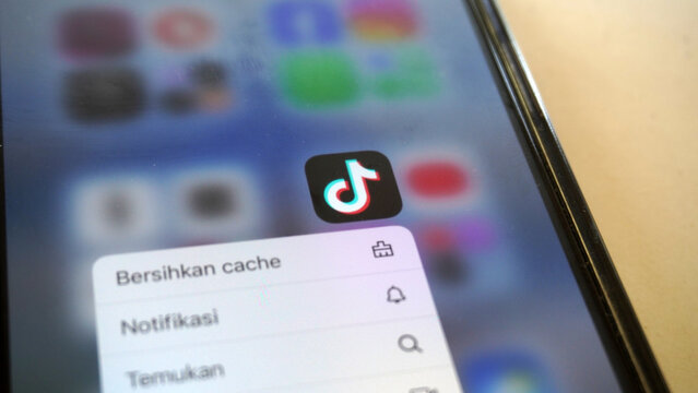 Purwokerto, Indonesia - 17 June 2026: Close-up of a smartphone screen showing the TikTok app icon above a cache and notification settings menu.