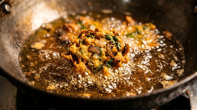 Crispy vegetable pakora frying in hot oil, traditional Indian street food snacks cooking in a metal wok, golden brown fritters deep frying