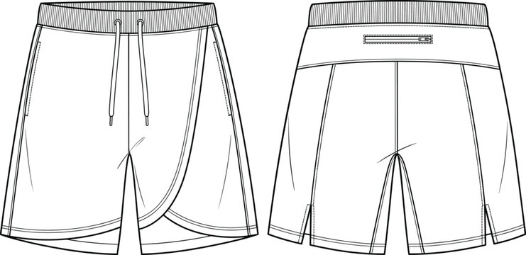 Technical flat sketch of athletic shorts front and back views with ribbed waistband, drawstring, zippered pockets, and layered hem design