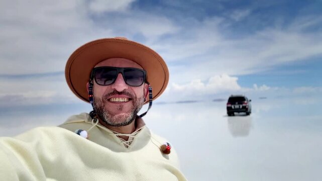 Happy Man Taking Selfie at Salar de Uyuni Salt Flat Bolivia