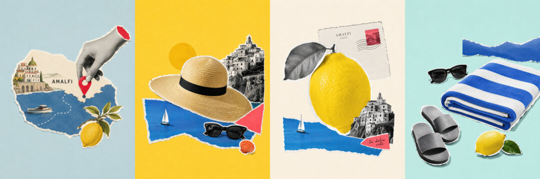 Collection of Mediterranean summer paper cutout collage illustrations featuring Amalfi Coast travel