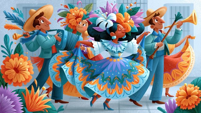 Gouache painting illustration, festive Fiesta de Santiago street scene, folk dancers and gaitero bagpiper, thick expressive brushstrokes