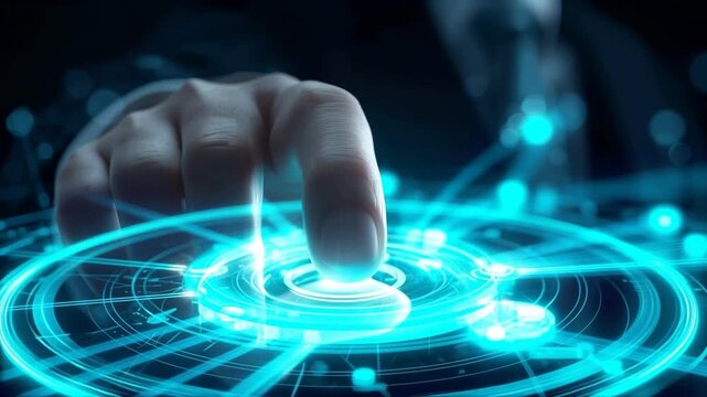 Tapping hand engaging central holo node to control system in studio, dark suit blurred