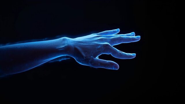 Activating holographic hand sending data from wrist into fingers in dark void, with glowing nodes