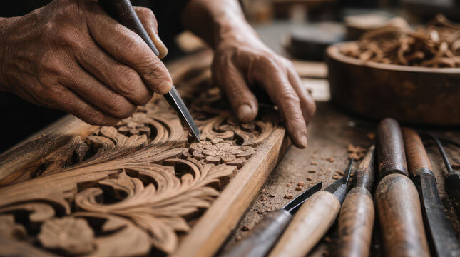 Hands skillfully carving intricate wood design with sharp chisel.